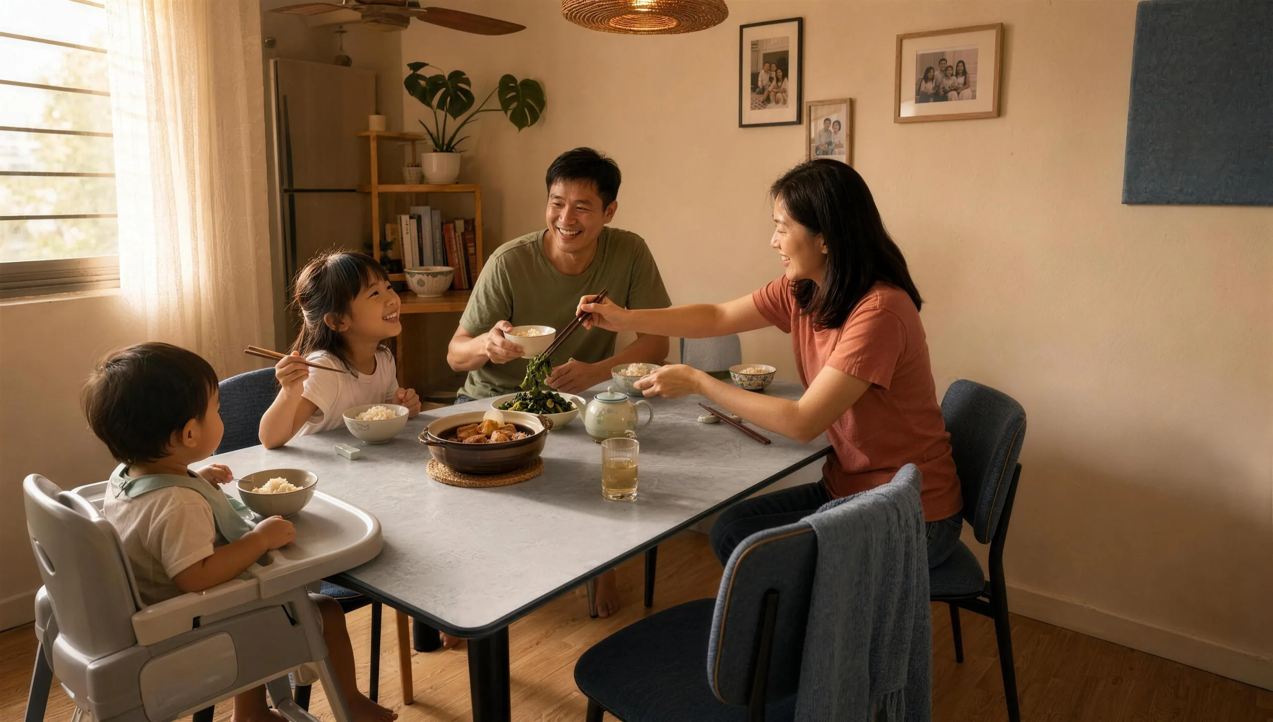 Family sharing a meal around a Nova stone dining table in an HDB home