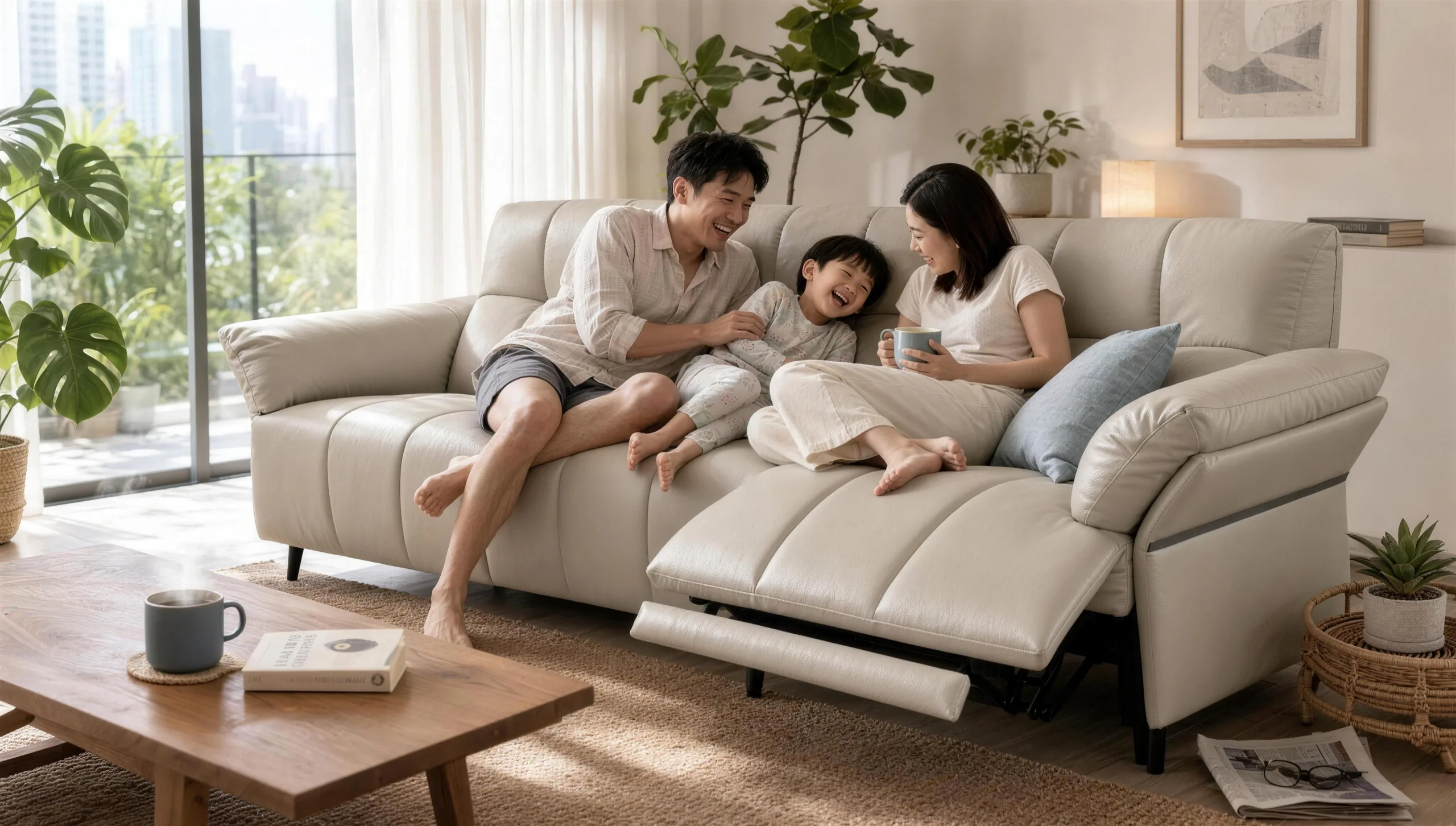 Singapore family relaxing together on a Nova fabric sofa in a sunlit living room
